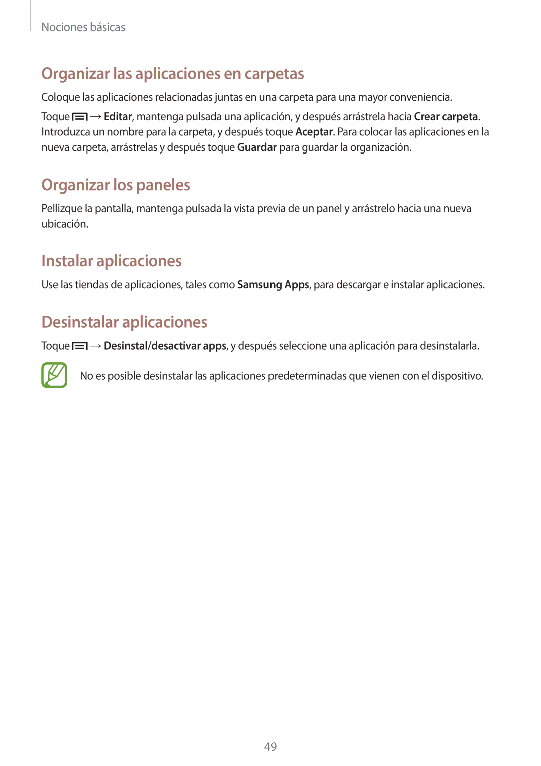 Samsung SM-N9005ZKEAMO manual Organizar las aplicaciones en carpetas, Instalar aplicaciones, Desinstalar aplicaciones 
