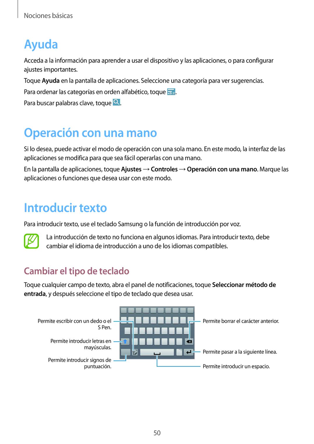 Samsung SM-N9005ZIEAMN, SM-N9005ZWEITV manual Ayuda, Operación con una mano, Introducir texto, Cambiar el tipo de teclado 