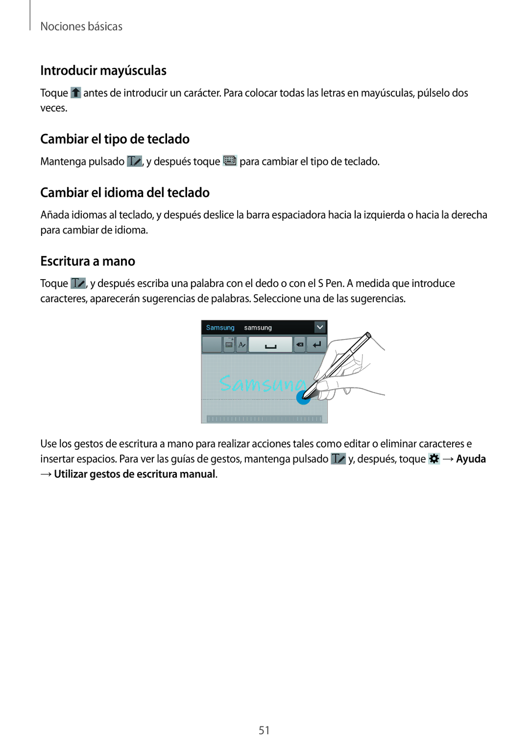 Samsung SM-N9005ZKEATL Introducir mayúsculas, Cambiar el tipo de teclado, Cambiar el idioma del teclado, Escritura a mano 