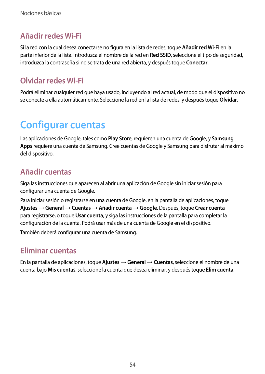Samsung SM-N9005ZKEXEH manual Configurar cuentas, Añadir redes Wi-Fi, Olvidar redes Wi-Fi, Añadir cuentas, Eliminar cuentas 