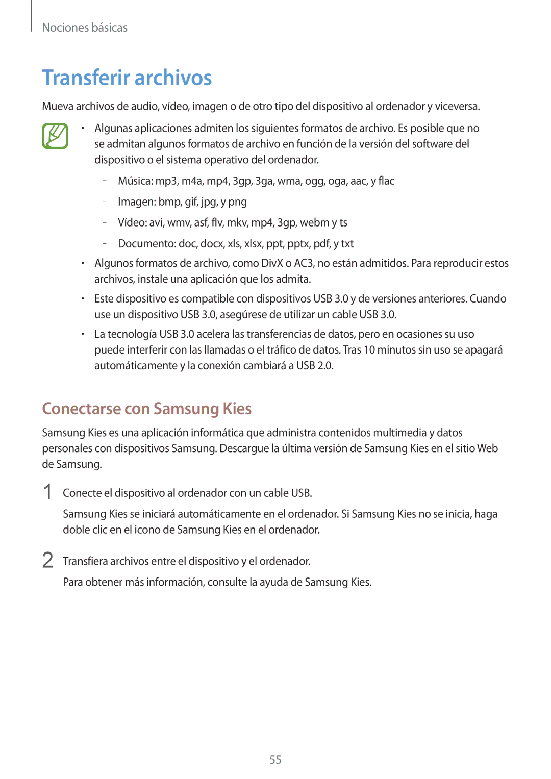 Samsung SM-N9005ZWEATL, SM-N9005ZWEITV, SM-N9005ZWEDBT, SM-N9005ZKEEUR manual Transferir archivos, Conectarse con Samsung Kies 