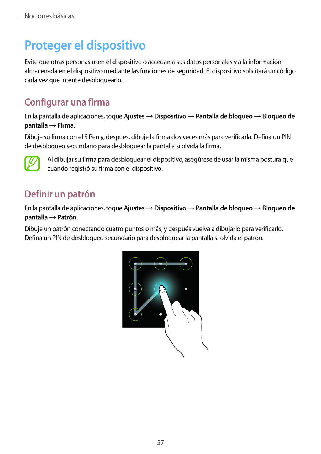 Samsung SM-N9005ZWEPHE, SM-N9005ZWEITV, SM-N9005ZWEDBT Proteger el dispositivo, Configurar una firma, Definir un patrón 