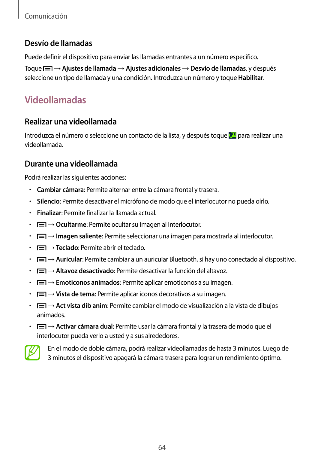 Samsung SM-N9005ZWMCOM manual Videollamadas, Desvío de llamadas, Realizar una videollamada, Durante una videollamada 