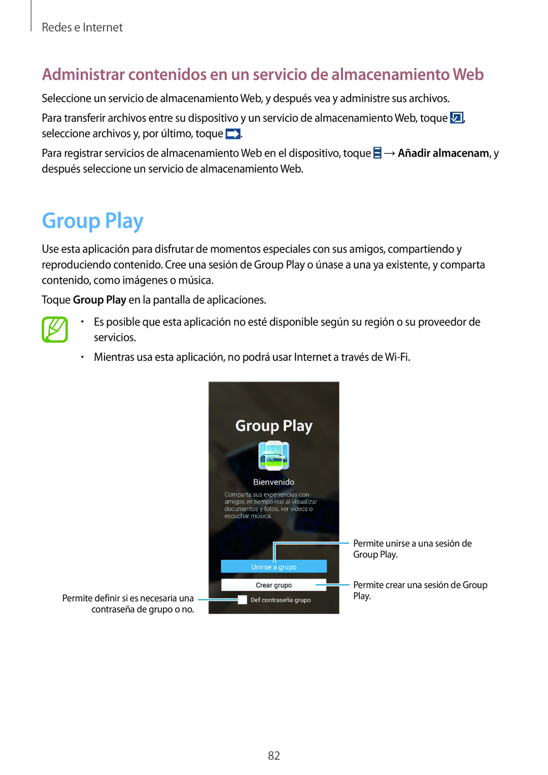 Samsung SM-N9005ZWETPH, SM-N9005ZWEITV manual Group Play, Administrar contenidos en un servicio de almacenamiento Web 