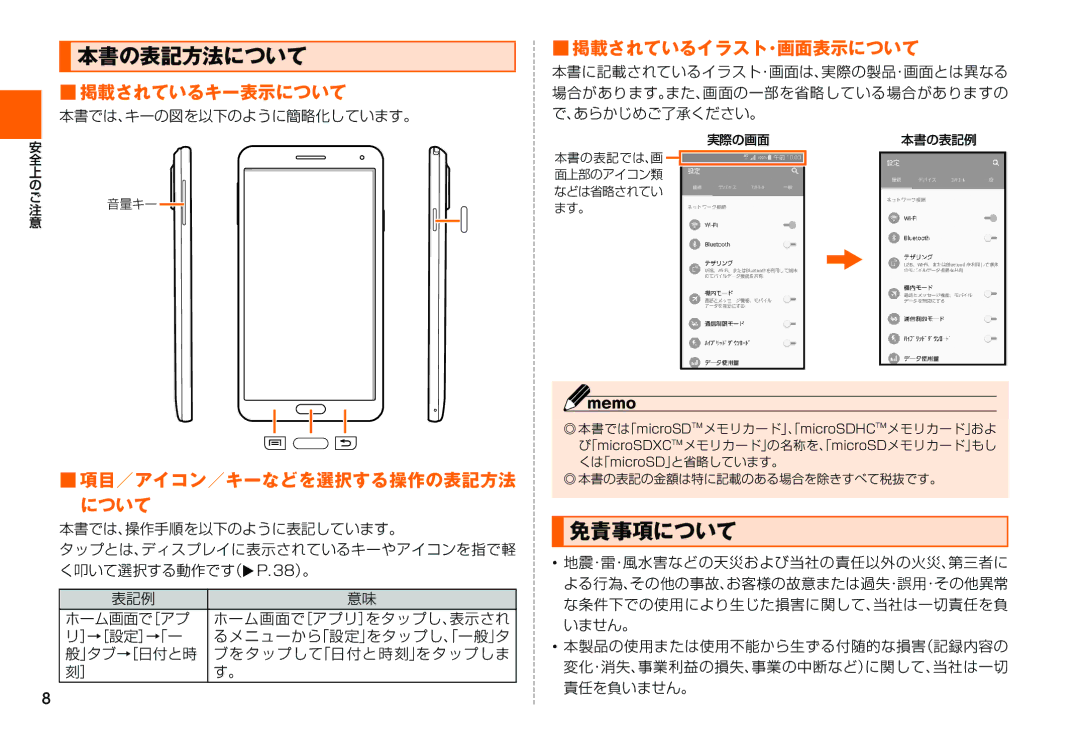 Samsung SM-N900JZWEKDI manual 本書の表記方法について, 免責事項について, 掲載されているキー表示について, 項目／アイコン／キーなどを選択する操作の表記方法 について, 掲載されているイラスト･画面表示について 