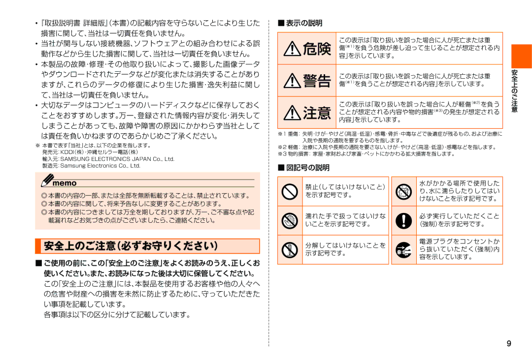 Samsung SM-N900JZKEKDI, SM-N900JZWEKDI manual 安全上のご注意（必ずお守りください）, 表示の説明, 各事項は以下の区分に分けて記載しています。 図記号の説明 