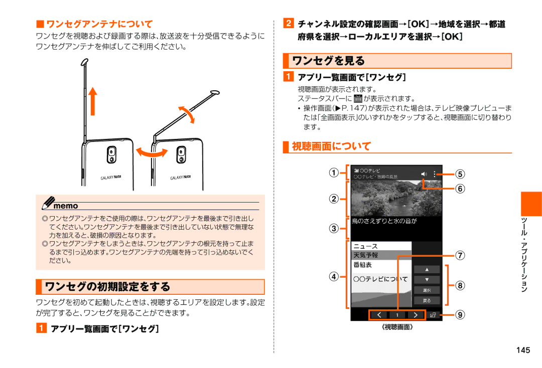 Samsung SM-N900JZKEKDI, SM-N900JZWEKDI manual ワンセグの初期設定をする, ワンセグを見る, 視聴画面について, ワンセグアンテナについて, アプリ一覧画面で［ワンセグ］ 