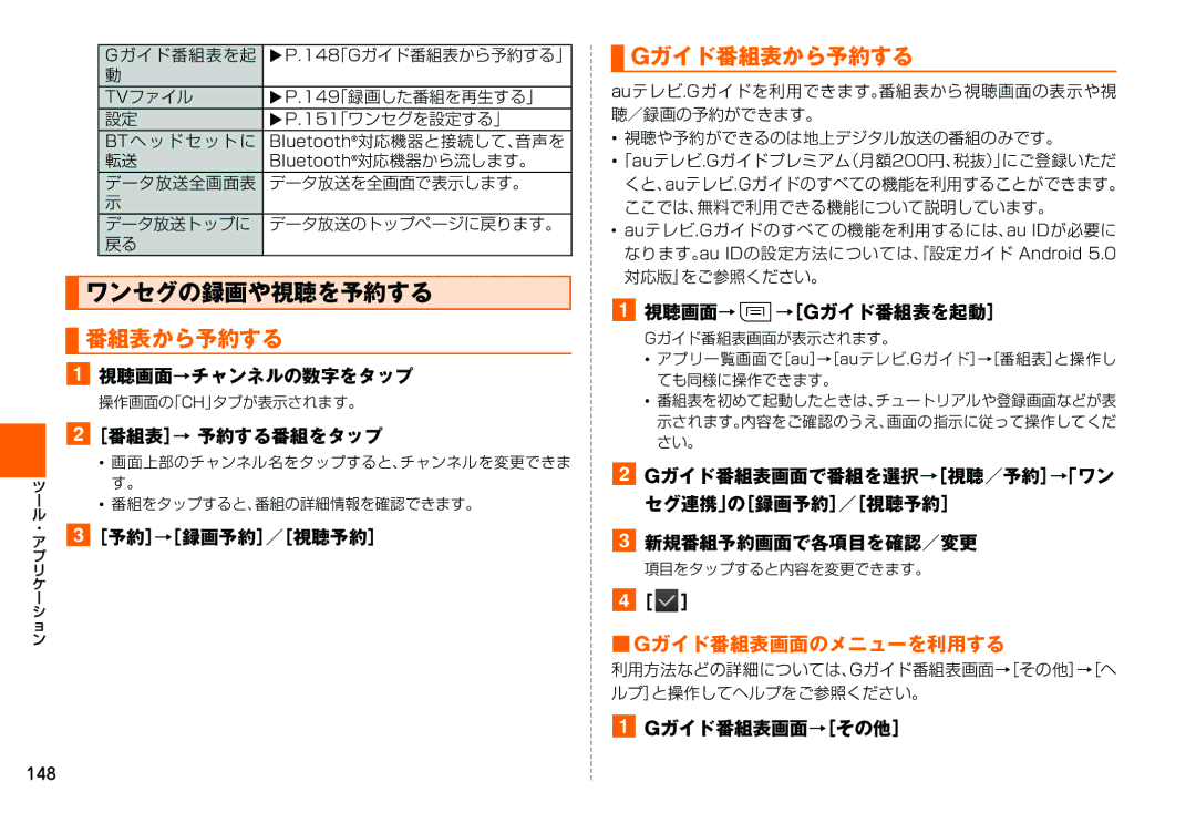 Samsung SM-N900JZWEKDI, SM-N900JZKEKDI manual ワンセグの録画や視聴を予約する, Gガイド番組表から予約する, Gガイド番組表画面のメニューを利用する 