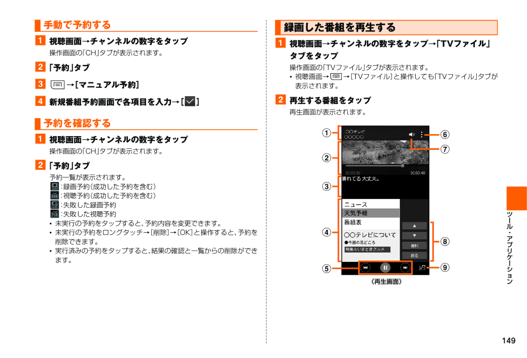 Samsung SM-N900JZKEKDI, SM-N900JZWEKDI manual 手動で予約する, 予約を確認する, 録画した番組を再生する 