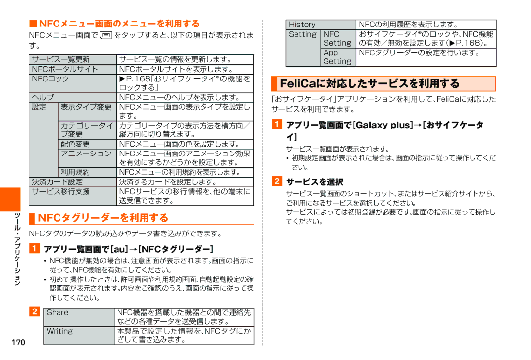 Samsung SM-N900JZWEKDI, SM-N900JZKEKDI manual Nfcタグリーダーを利用する, FeliCaに対応したサービスを利用する, Nfcメニュー画面のメニューを利用する 