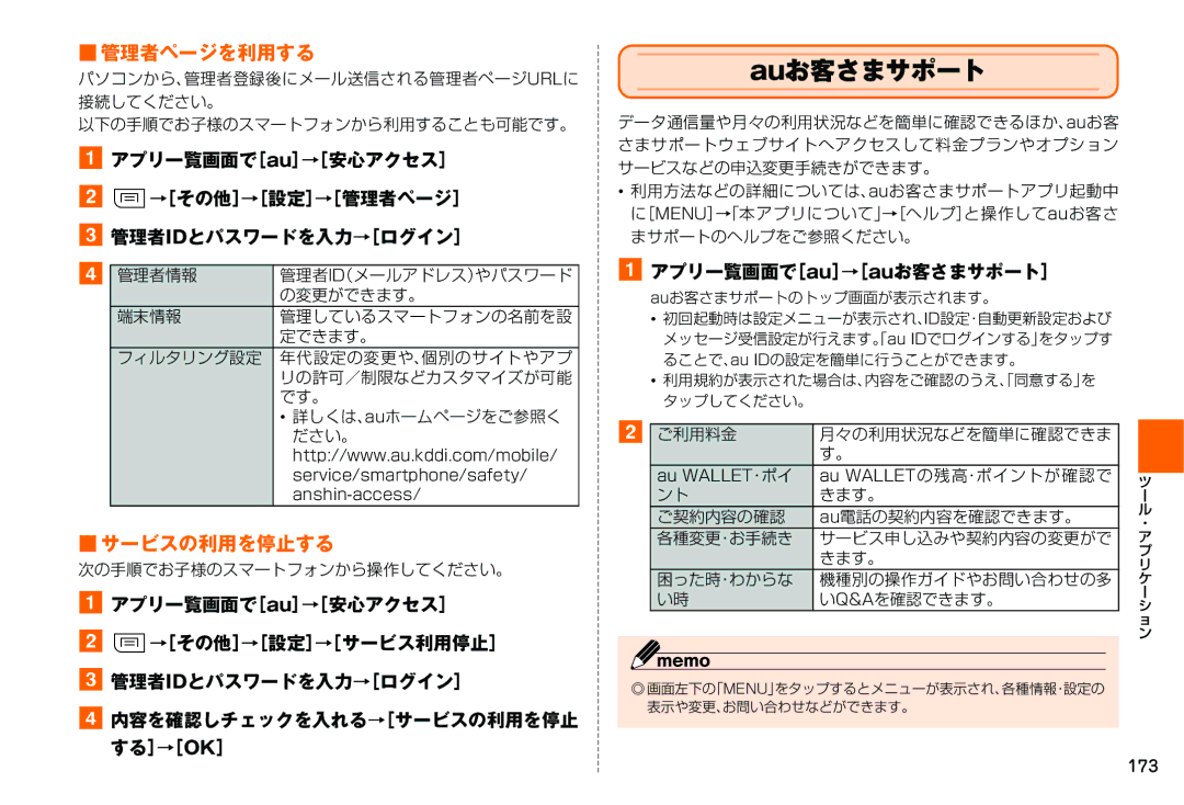 Samsung SM-N900JZKEKDI, SM-N900JZWEKDI manual Auお客さまサポート, 管理者ページを利用する, サービスの利用を停止する, アプリ一覧画面で［au］→［auお客さまサポート］ 