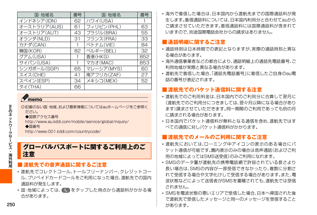 Samsung SM-N900JZWEKDI グローバルパスポートに関するご利用上のご, 利用 渡航先での音声通話に関するご注意, 通話明細に関するご注意, 渡航先でのパケット通信料に関する注意, 渡航先でのメールのご利用に関するご注意 