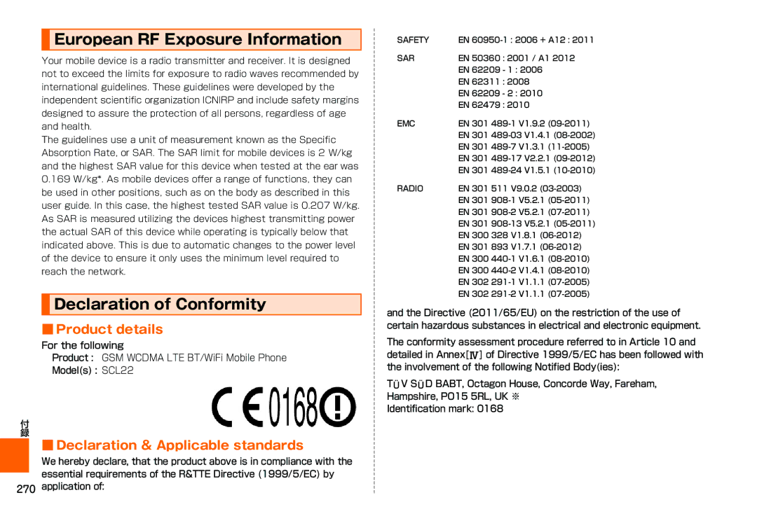 Samsung SM-N900JZWEKDI, SM-N900JZKEKDI manual European RF Exposure Information, 270 