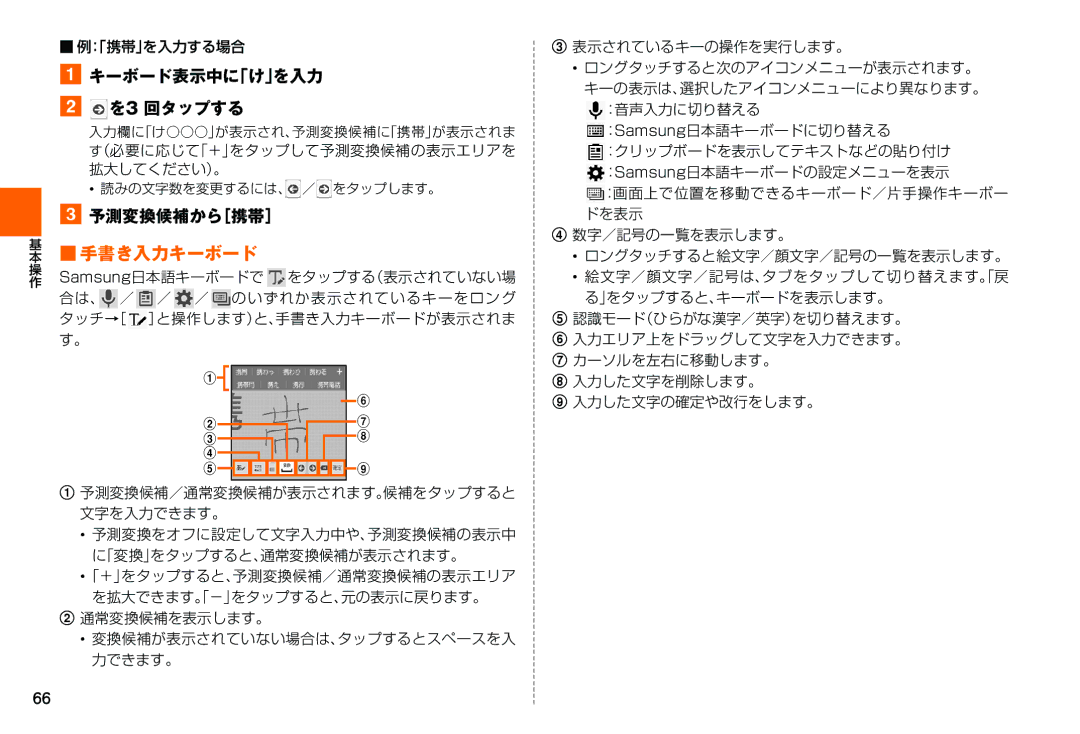 Samsung SM-N900JZWEKDI, SM-N900JZKEKDI manual キーボード表示中に「け」を入力 を3 回タップする, 予測変換候補から［携帯］, 手書き入力キーボード, ：「携帯」を入力する場合 