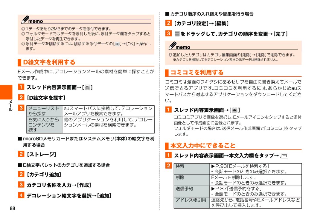 Samsung SM-N900JZWEKDI, SM-N900JZKEKDI manual D絵文字を利用する, コミコミを利用する, 本文入力中にできること 