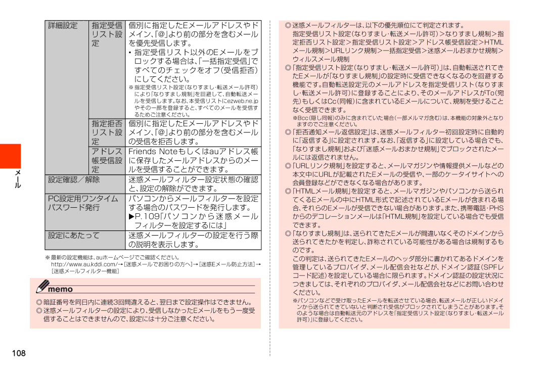 Samsung SM-N900JZWEKDI manual 詳細設定 指定受信 個別に指定したeメールアドレスやド リスト設, を優先受信します。, 指定受信リスト以外のeメールをブ, すべてのチェックをオフ（受信拒否）, にしてください。 