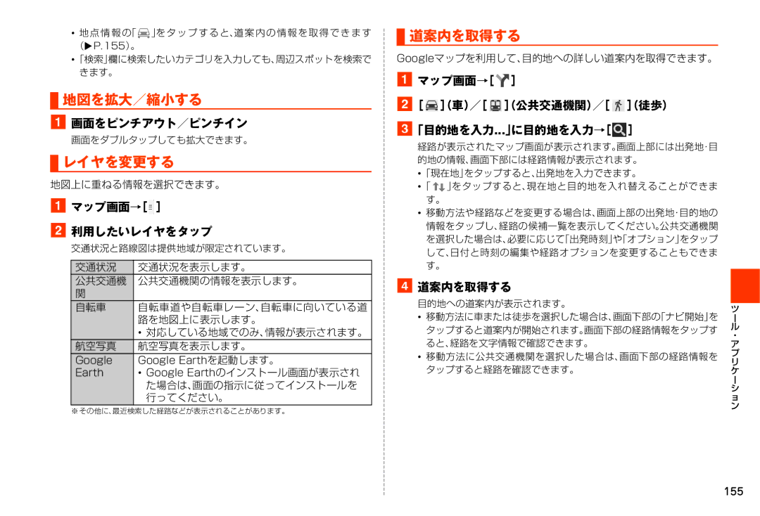 Samsung SM-N900JZKEKDI, SM-N900JZWEKDI manual 地図を拡大／縮小する, レイヤを変更する, 道案内を取得する 