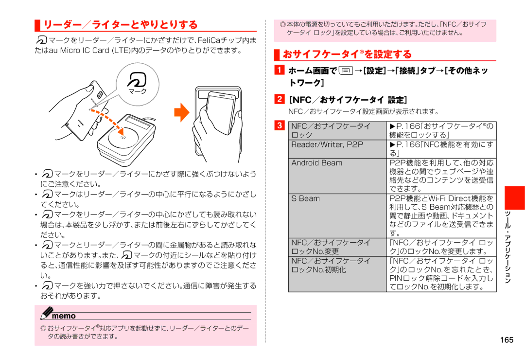 Samsung SM-N900JZKEKDI, SM-N900JZWEKDI manual リーダー／ライターとやりとりする, おサイフケータイを設定する, ［Nfc／おサイフケータイ 設定］ 