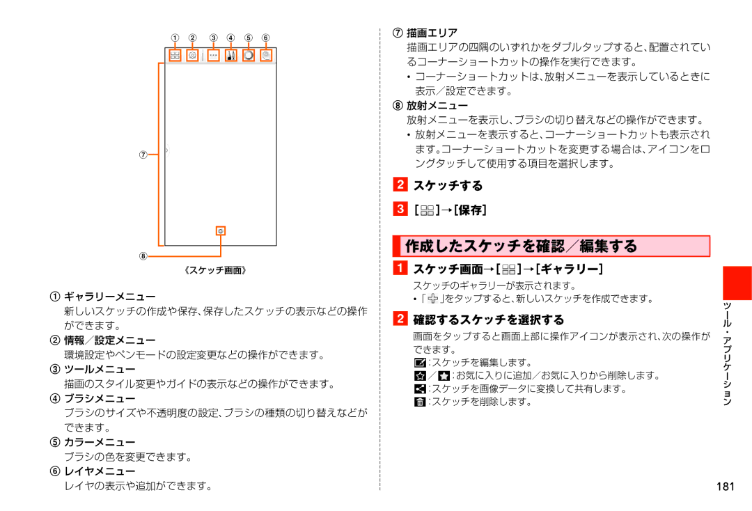 Samsung SM-N900JZKEKDI, SM-N900JZWEKDI manual 作成したスケッチを確認／編集する, スケッチする ［ ］→［保存］, スケッチ画面→［ ］→［ギャラリー］, 確認するスケッチを選択する 