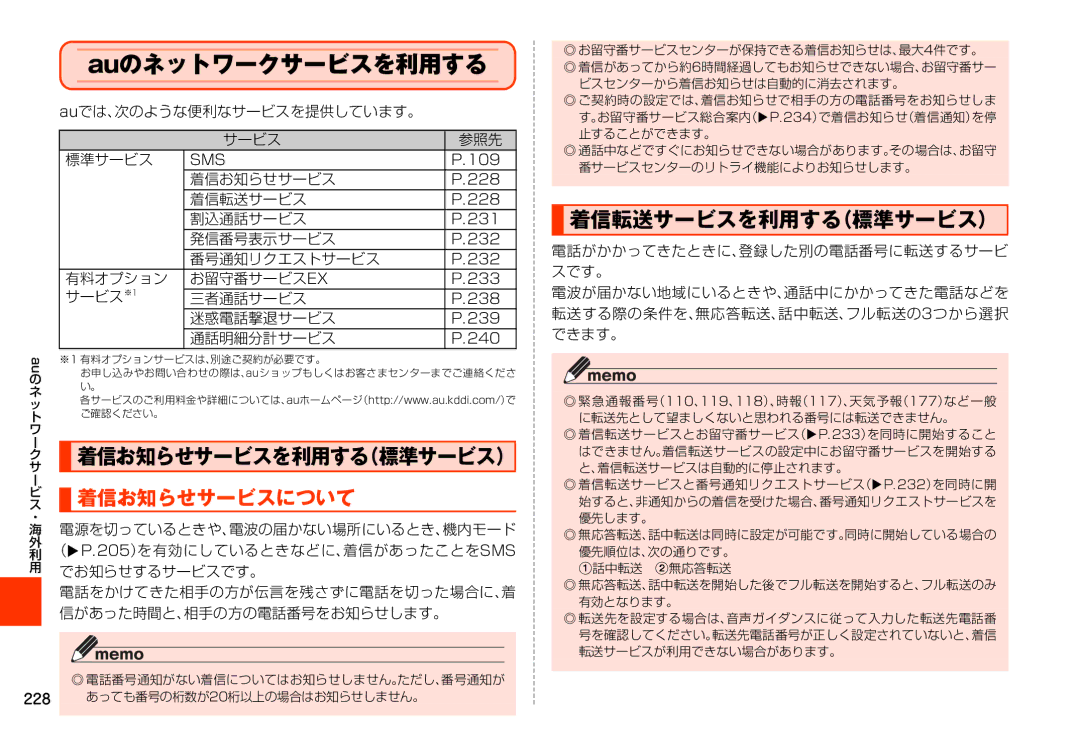 Samsung SM-N900JZWEKDI, SM-N900JZKEKDI Auのネットワークサービスを利用する, 着信お知らせサービスについて, 着信転送サービスを利用する（標準サービス）, 着信お知らせサービスを利用する（標準サービス） 