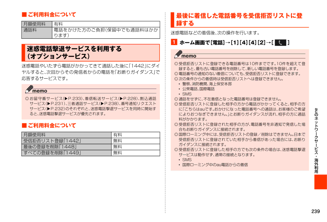 Samsung SM-N900JZKEKDI, SM-N900JZWEKDI 最後に着信した電話番号を受信拒否リストに登 録する, 月額使用料 受信拒否リスト登録「1442」 最後の登録を削除「1448」 すべての登録を削除「1449」 