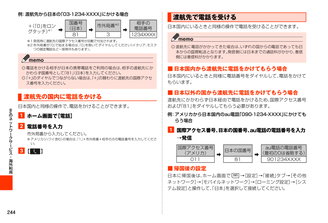 Samsung SM-N900JZWEKDI, SM-N900JZKEKDI 渡航先の国内に電話をかける, 渡航先で電話を受ける, 日本国内から渡航先に電話をかけてもらう場合, 日本以外の国から渡航先に電話をかけてもらう場合, 帰国後の設定 