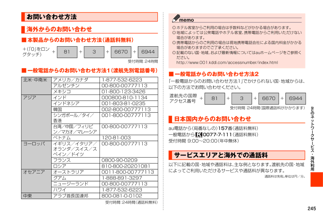 Samsung SM-N900JZKEKDI, SM-N900JZWEKDI manual お問い合わせ方法, 海外からのお問い合わせ, 日本国内からのお問い合わせ, サービスエリアと海外での通話料 