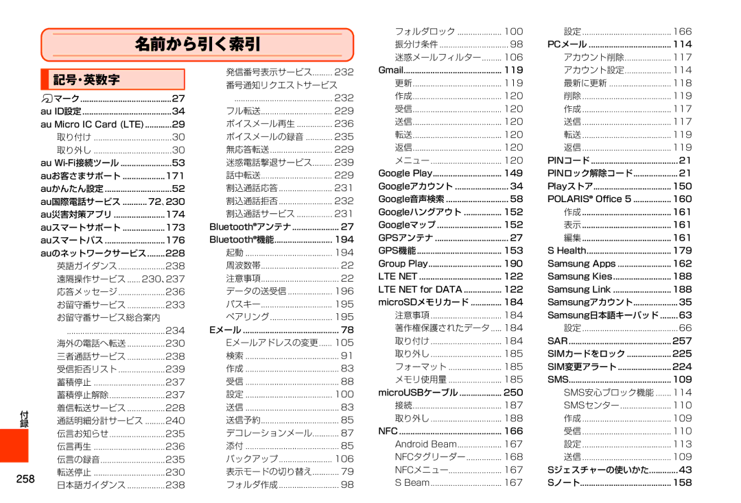 Samsung SM-N900JZWEKDI, SM-N900JZKEKDI manual 名前から引く索引, 記号・英数字 