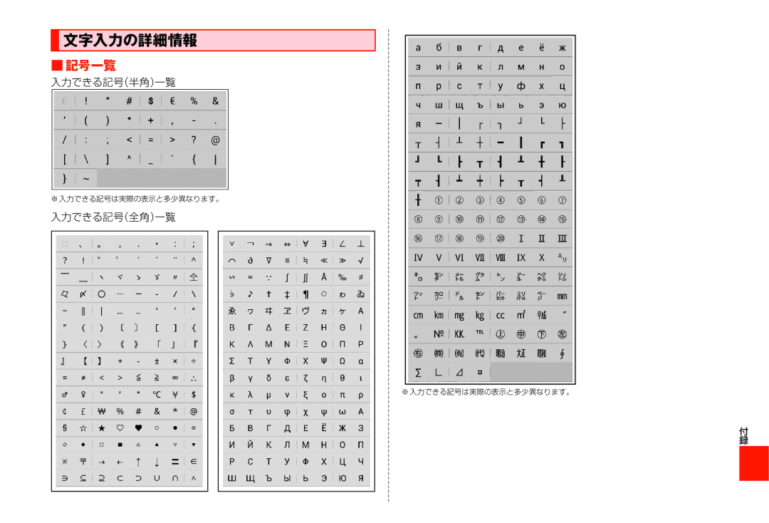 Samsung SM-N900JZKEKDI, SM-N900JZWEKDI manual 文字入力の詳細情報, 記号一覧, 入力できる記号（半角）一覧, 入力できる記号（全角）一覧 