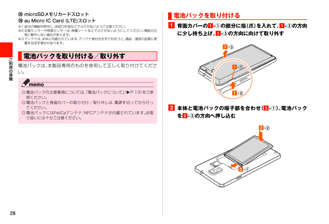 Samsung SM-N900JZWEKDI, SM-N900JZKEKDI manual 電池パックを取り付ける／取り外す, MicroSDメモリカードスロット, Au Micro IC Card LTEスロット 