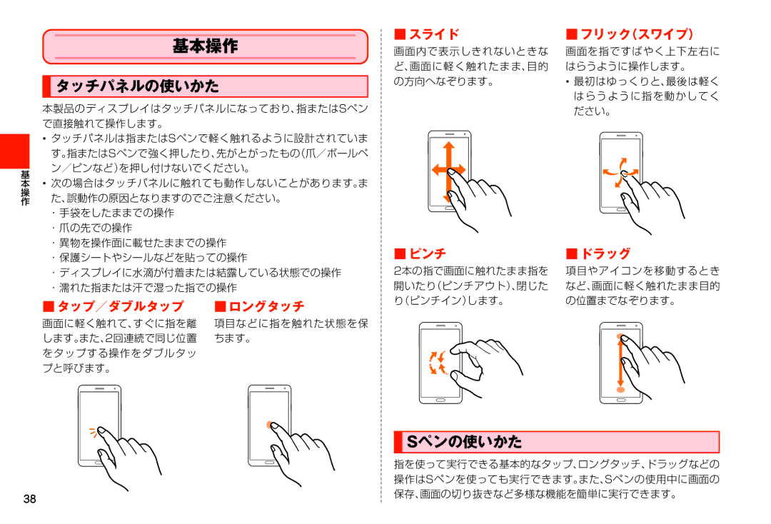 Samsung SM-N900JZWEKDI, SM-N900JZKEKDI manual 基本操作, タッチパネルの使いかた, Sペンの使いかた 