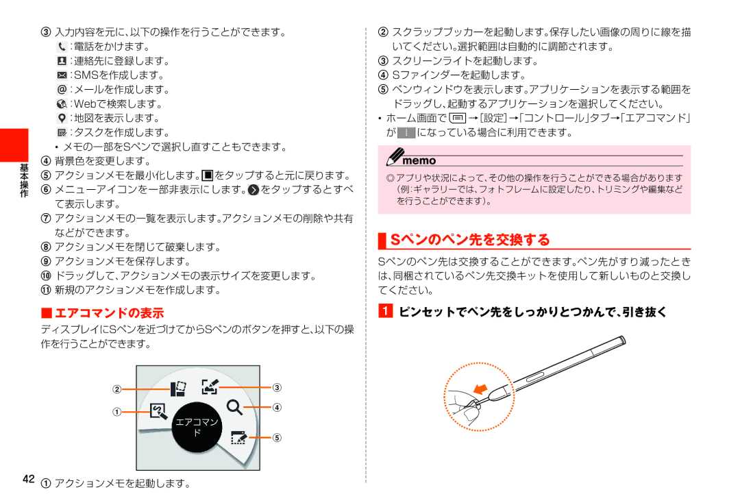 Samsung SM-N900JZWEKDI, SM-N900JZKEKDI manual Sペンのペン先を交換する, エアコマンドの表示, ピンセットでペン先をしっかりとつかんで、引き抜く, 42 a アクションメモを起動します。 