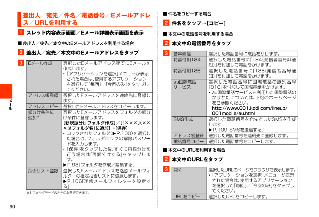 Samsung SM-N900JZWEKDI manual 差出人／宛先／件名／電話番号／Eメールアドレ ス／Urlを利用する, スレッド内容表示画面／Eメール詳細表示画面を表示, 件名をタップ→［コピー］, 本文中の電話番号をタップ 