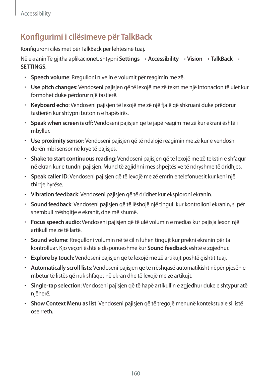 Samsung SM-N910CZKEMSR, SM-N910CZDESEE, SM-N910CZKETEB, SM-N910CZWEMSR manual Konfigurimi i cilësimeve për TalkBack, Settings 