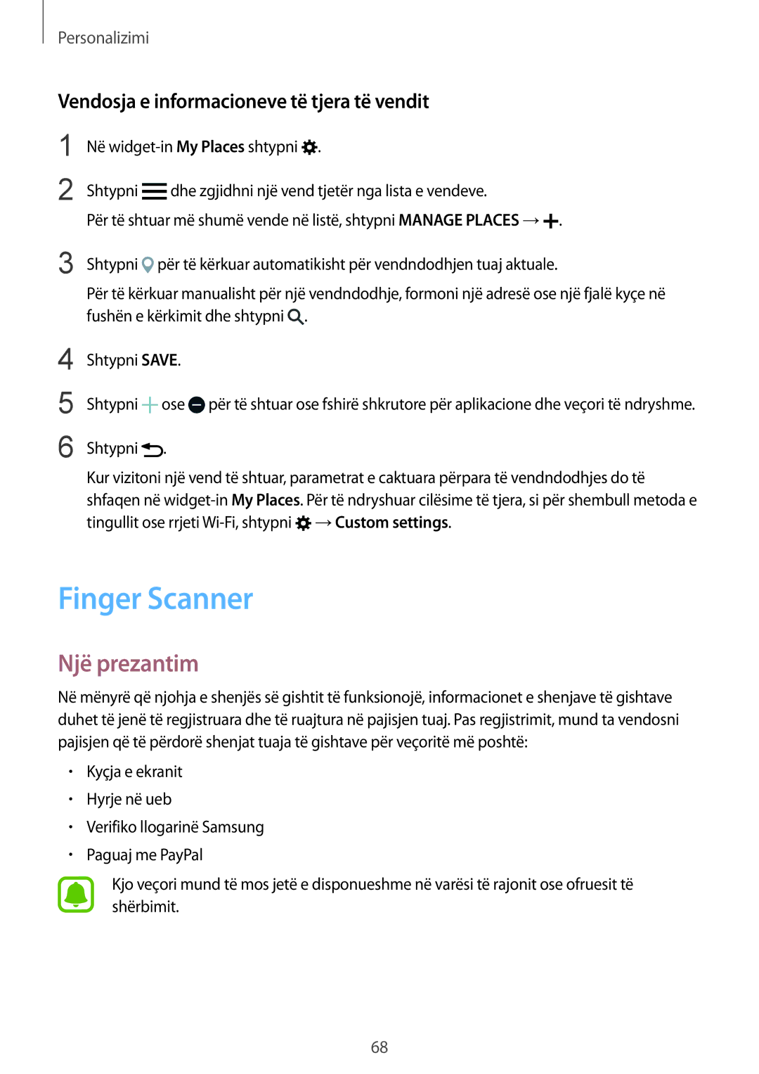 Samsung SM-N910CZWEMSR, SM-N910CZDESEE, SM-N910CZKETEB manual Finger Scanner, Vendosja e informacioneve të tjera të vendit 