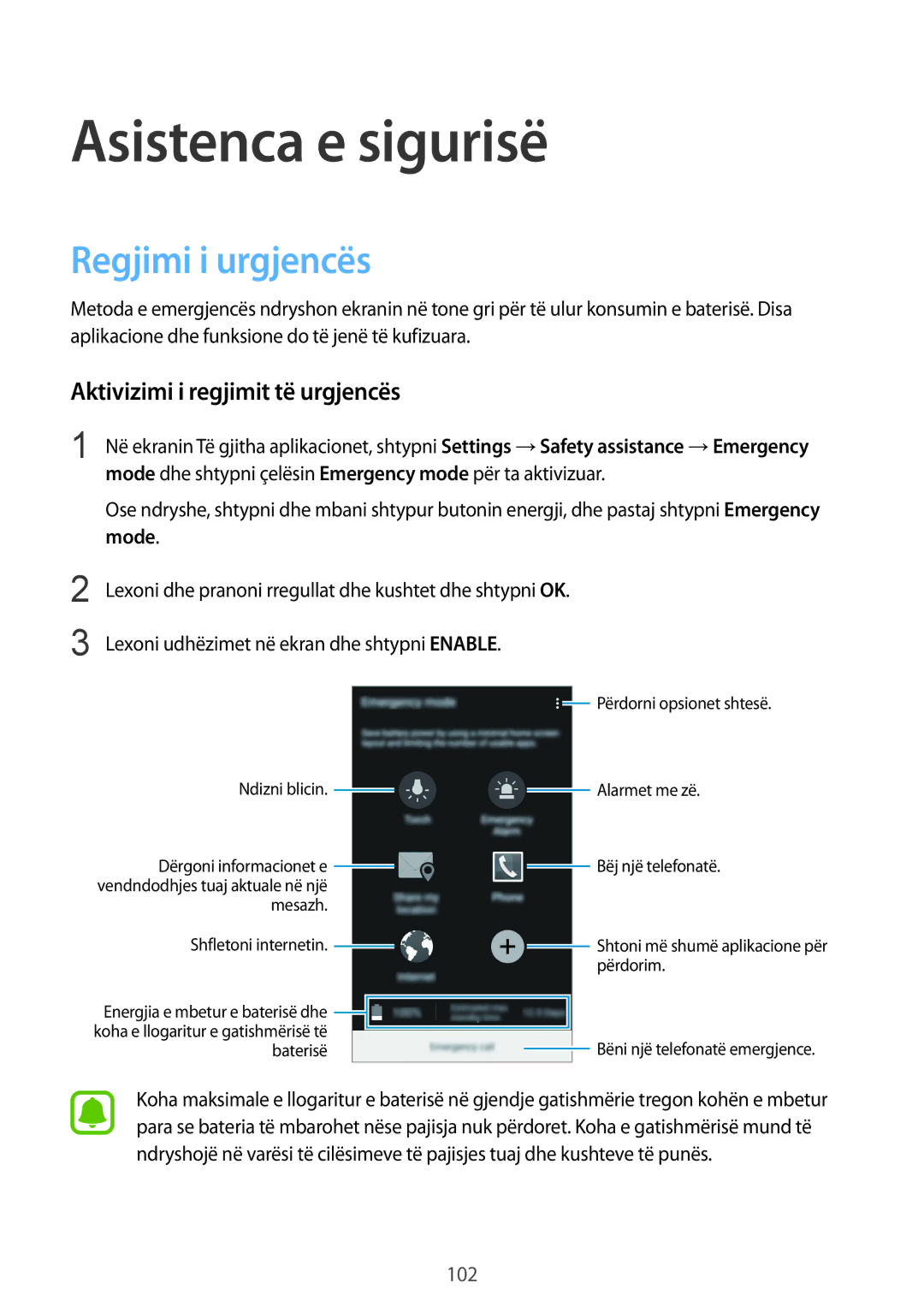 Samsung SM-N910CZDESEE, SM-N910CZKETEB manual Asistenca e sigurisë, Regjimi i urgjencës, Aktivizimi i regjimit të urgjencës 