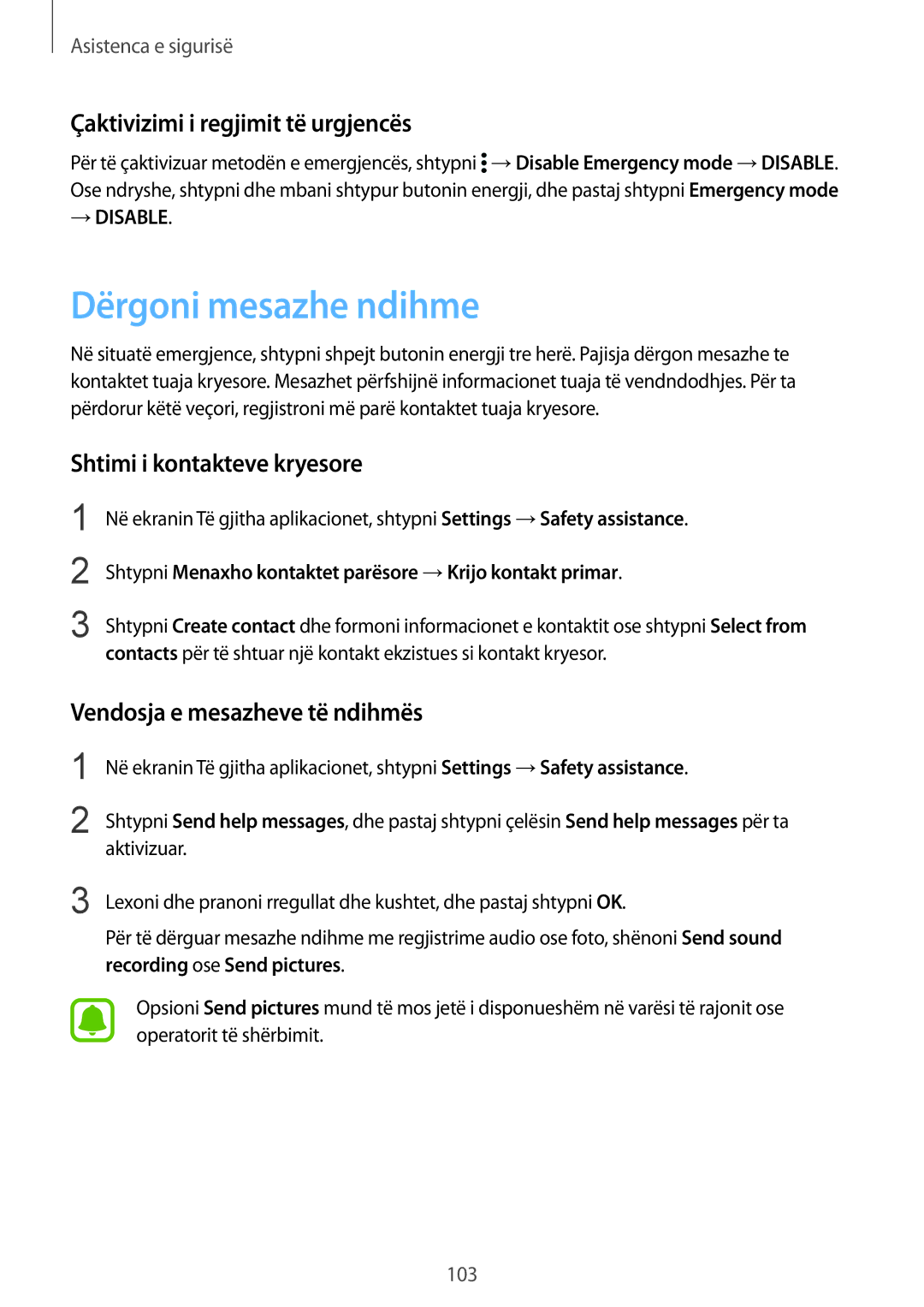 Samsung SM-N910CZKETEB manual Dërgoni mesazhe ndihme, Çaktivizimi i regjimit të urgjencës, Shtimi i kontakteve kryesore 