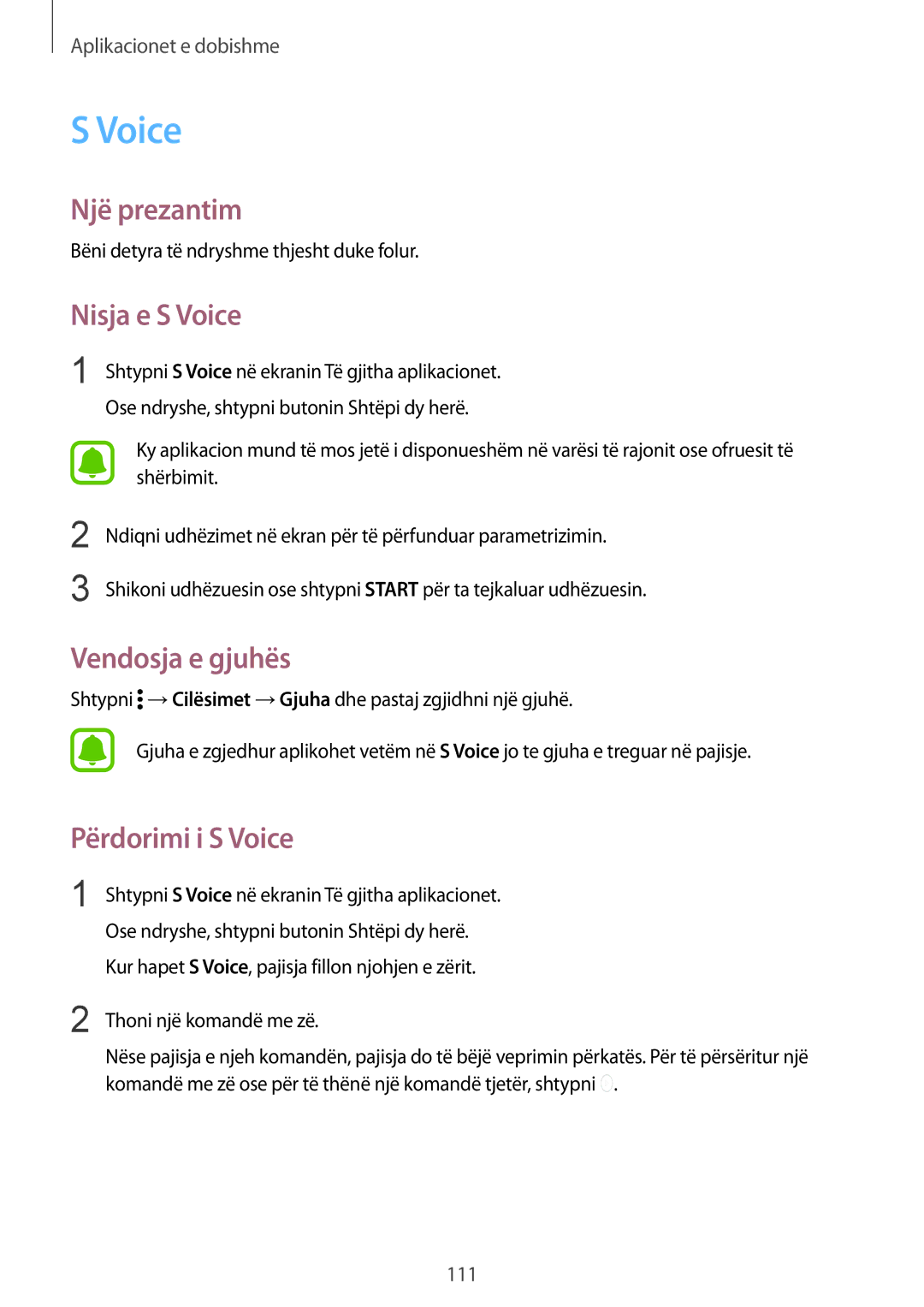 Samsung SM-N910CZWESEE, SM-N910CZDESEE, SM-N910CZKETEB manual Nisja e S Voice, Vendosja e gjuhës, Përdorimi i S Voice 