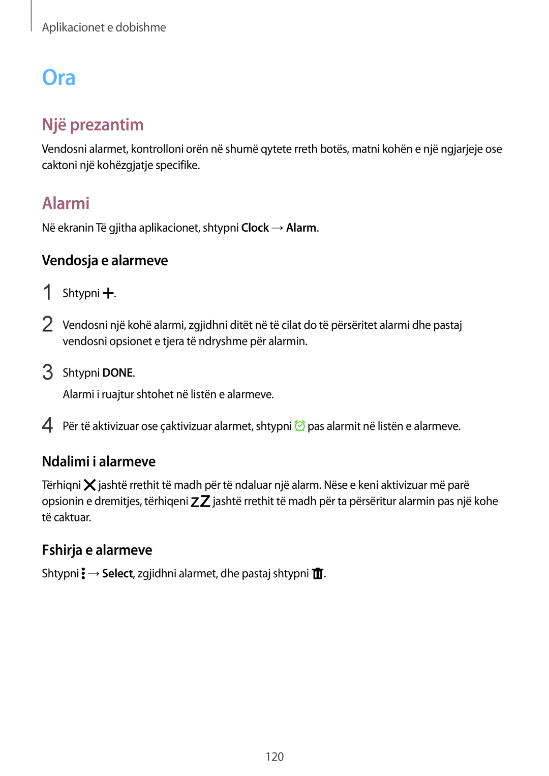 Samsung SM-N910CZDESEE, SM-N910CZKETEB manual Ora, Alarmi, Vendosja e alarmeve, Ndalimi i alarmeve, Fshirja e alarmeve 