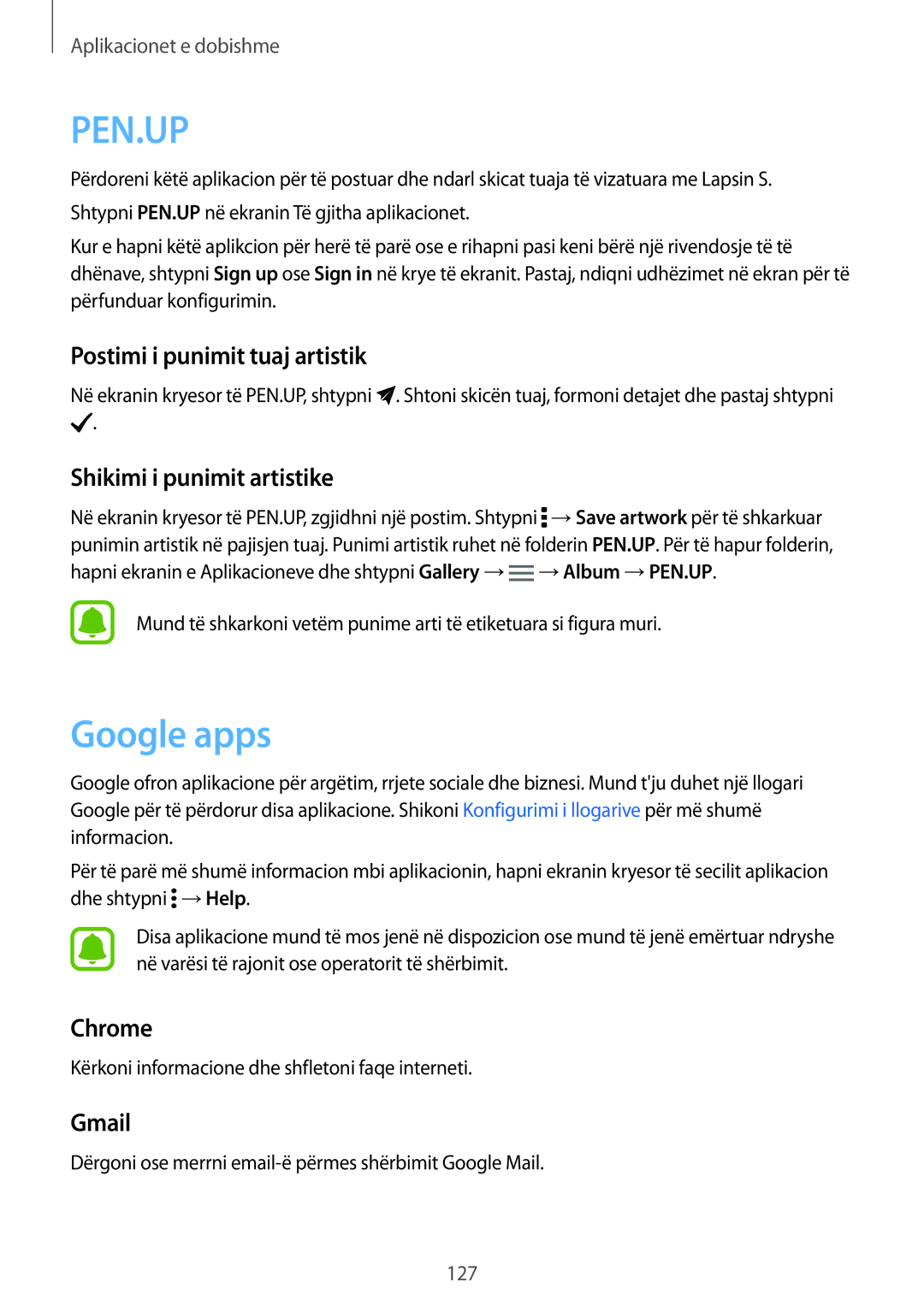 Samsung SM-N910CZKETEB manual Google apps, Postimi i punimit tuaj artistik, Shikimi i punimit artistike, Chrome, Gmail 