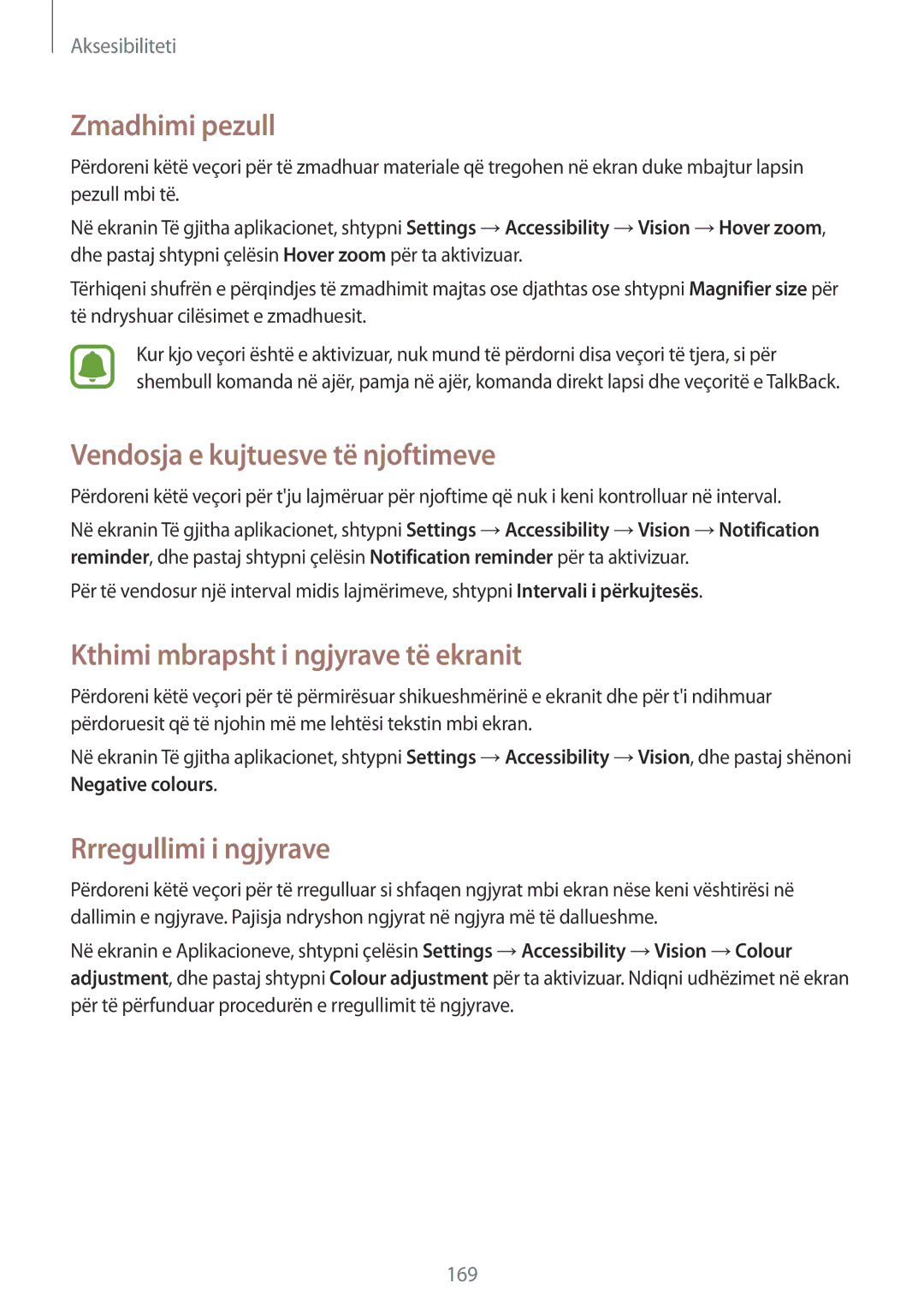 Samsung SM-N910CZKETEB manual Zmadhimi pezull, Vendosja e kujtuesve të njoftimeve, Kthimi mbrapsht i ngjyrave të ekranit 