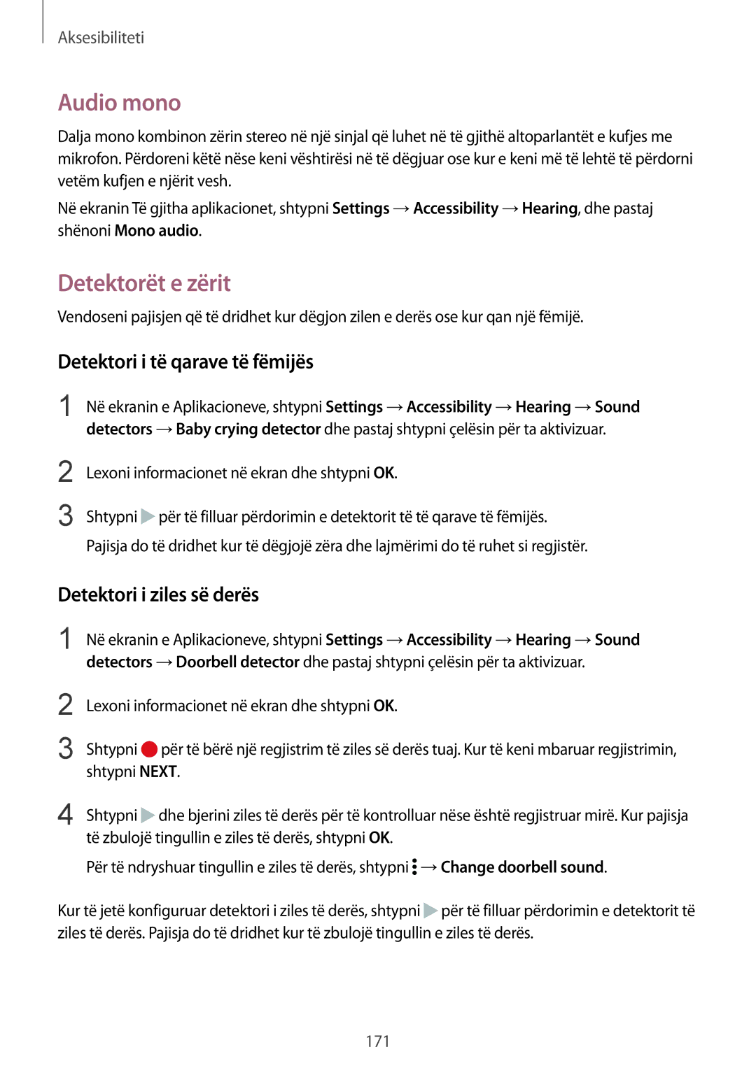Samsung SM-N910CZWESEE manual Audio mono, Detektorët e zërit, Detektori i të qarave të fëmijës, Detektori i ziles së derës 