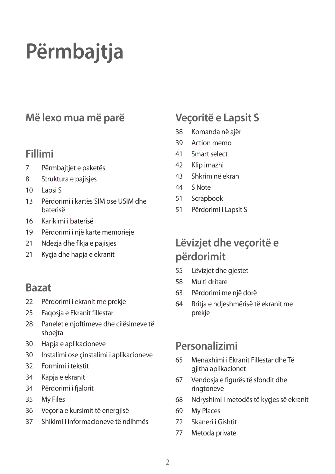 Samsung SM-N910CZWEMSR, SM-N910CZDESEE, SM-N910CZKETEB, SM-N910CZWESEE manual Përmbajtja, Më lexo mua më parë Fillimi 