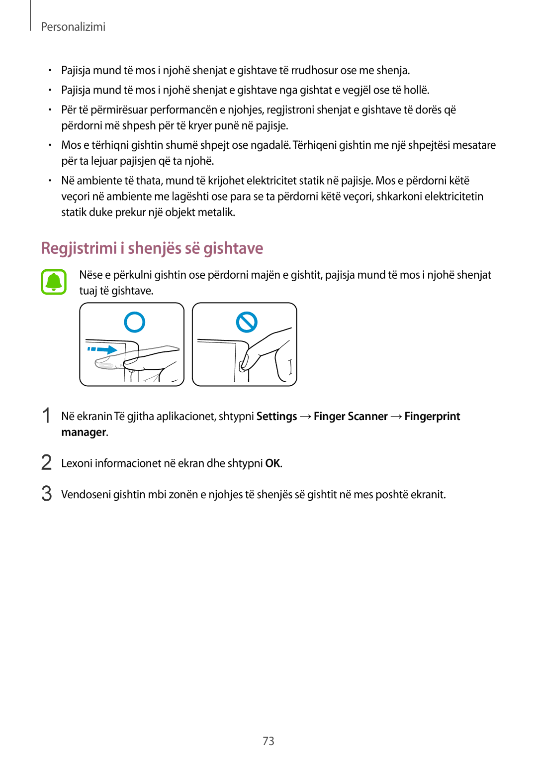 Samsung SM-N910CZKETEB, SM-N910CZDESEE, SM-N910CZWEMSR, SM-N910CZWESEE, SM-N910CZKEMSR manual Regjistrimi i shenjës së gishtave 