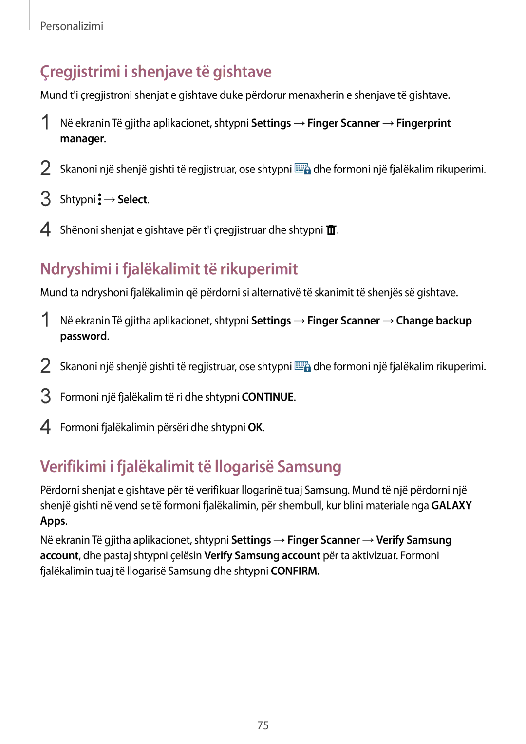 Samsung SM-N910CZWESEE, SM-N910CZDESEE manual Çregjistrimi i shenjave të gishtave, Ndryshimi i fjalëkalimit të rikuperimit 