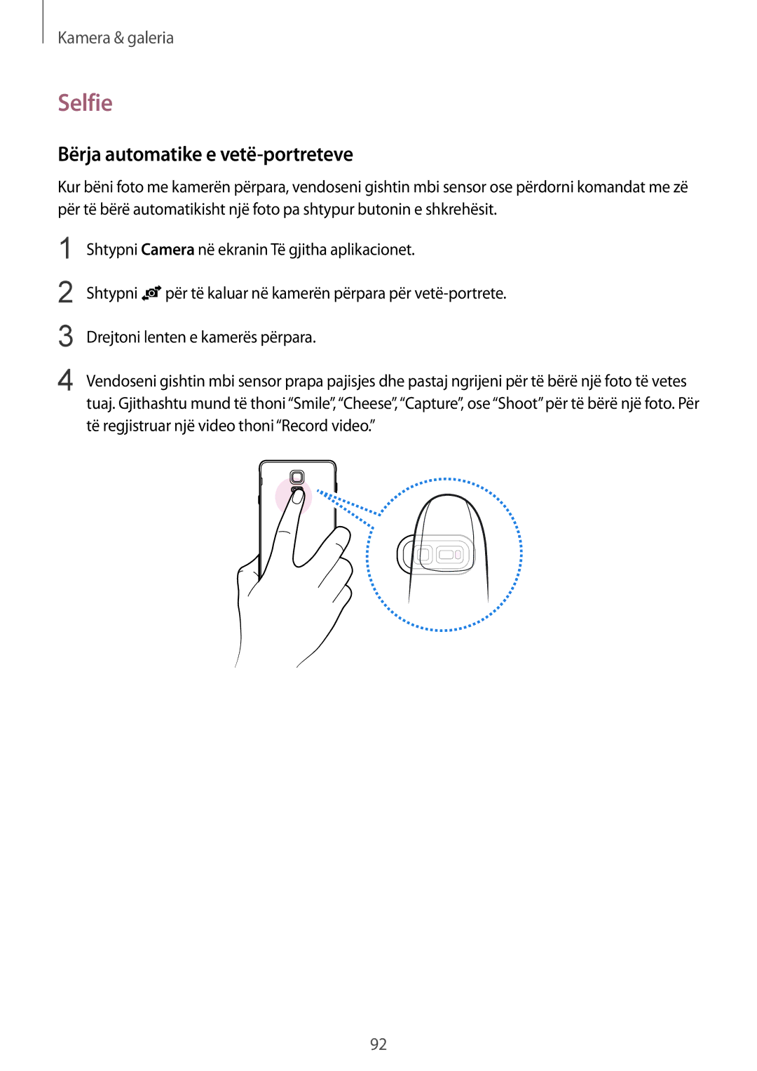 Samsung SM-N910CZWEMSR, SM-N910CZDESEE, SM-N910CZKETEB, SM-N910CZWESEE manual Selfie, Bërja automatike e vetë-portreteve 