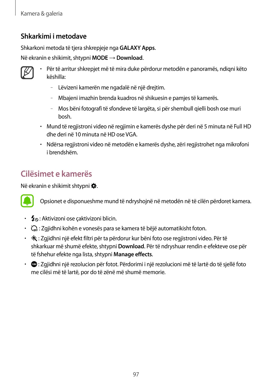 Samsung SM-N910CZKETEB, SM-N910CZDESEE, SM-N910CZWEMSR, SM-N910CZWESEE manual Cilësimet e kamerës, Shkarkimi i metodave 