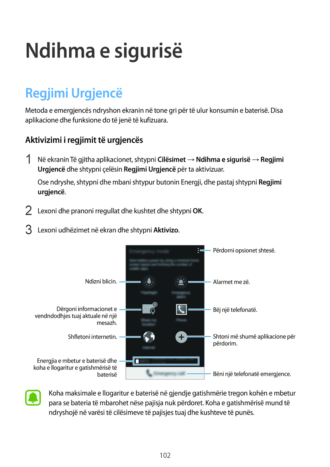 Samsung SM-N910CZDESEE, SM-N910CZKETEB manual Ndihma e sigurisë, Regjimi Urgjencë, Aktivizimi i regjimit të urgjencës 