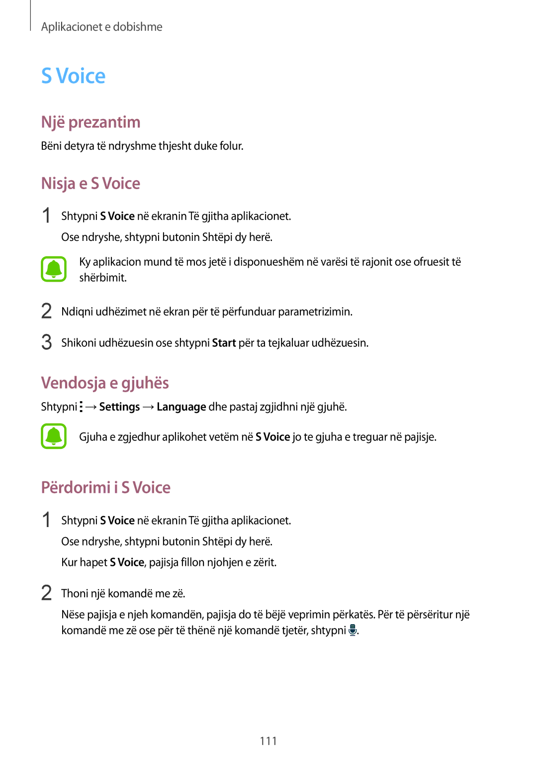 Samsung SM-N910CZWESEE, SM-N910CZDESEE, SM-N910CZKETEB manual Nisja e S Voice, Vendosja e gjuhës, Përdorimi i S Voice 