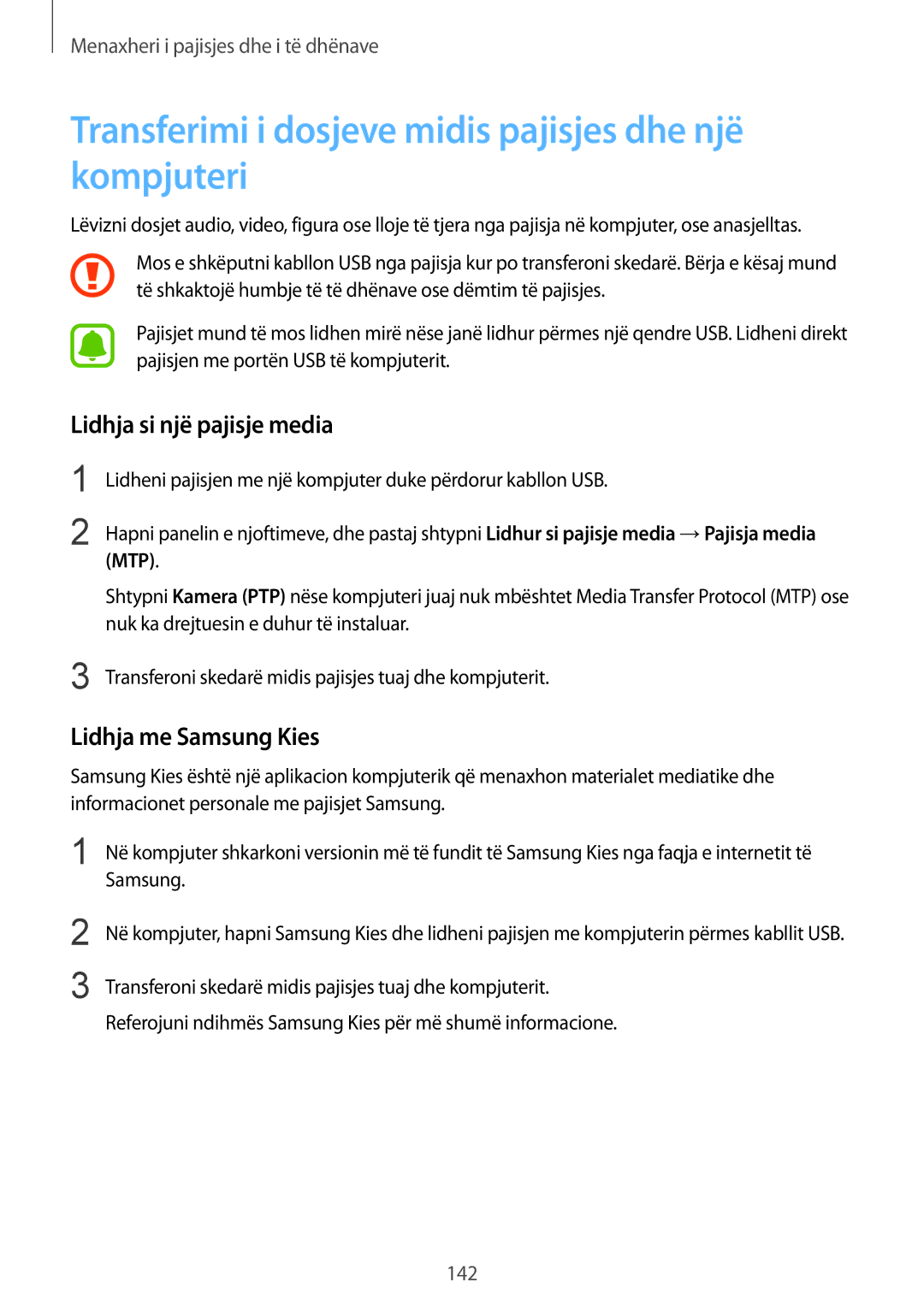 Samsung SM-N910CZKEMSR manual Transferimi i dosjeve midis pajisjes dhe një kompjuteri, Lidhja si një pajisje media 